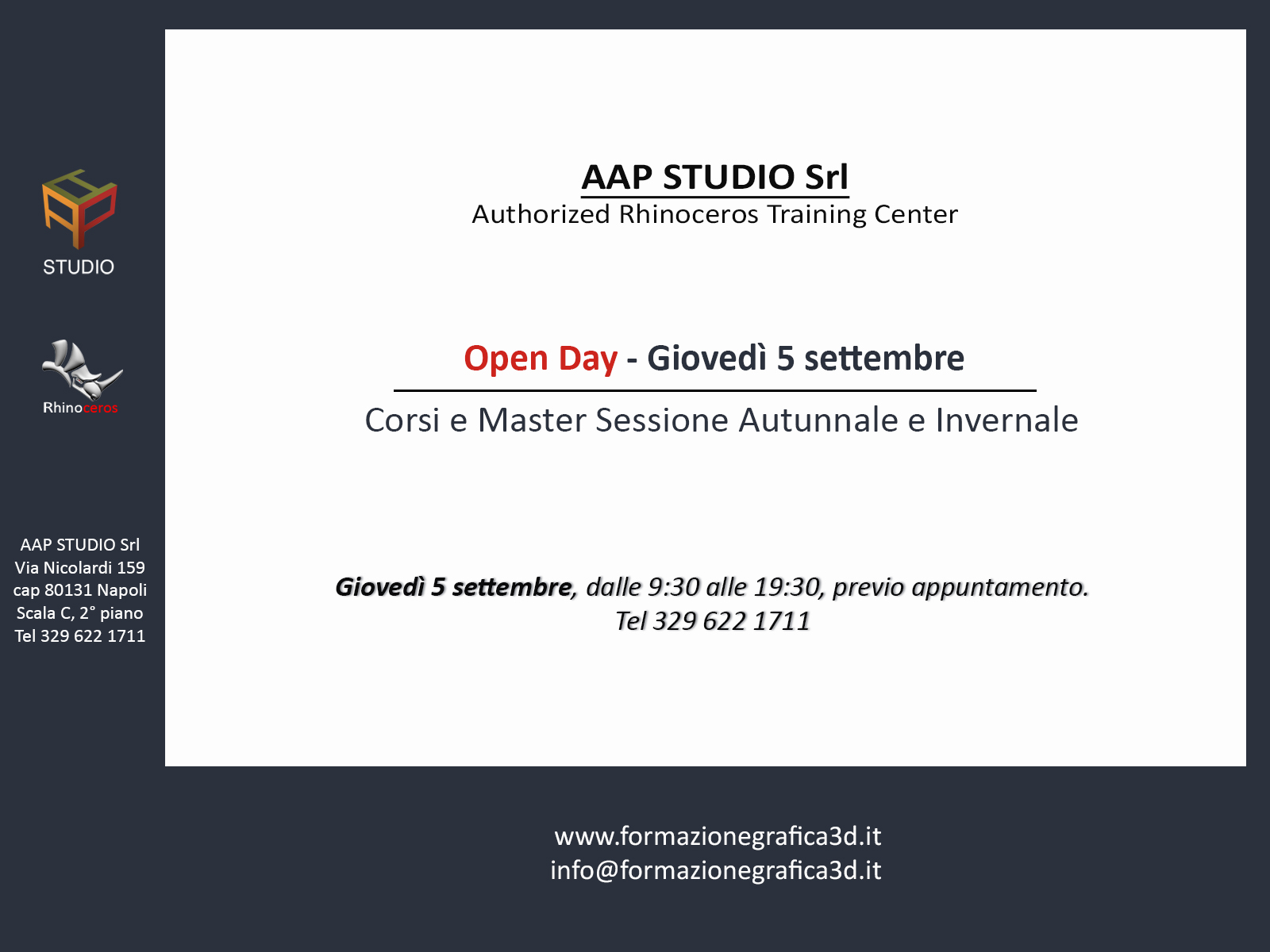 Open Day – Giovedì 5 settembre 2024 – Presentazione Corsi Rhino & 3D Master